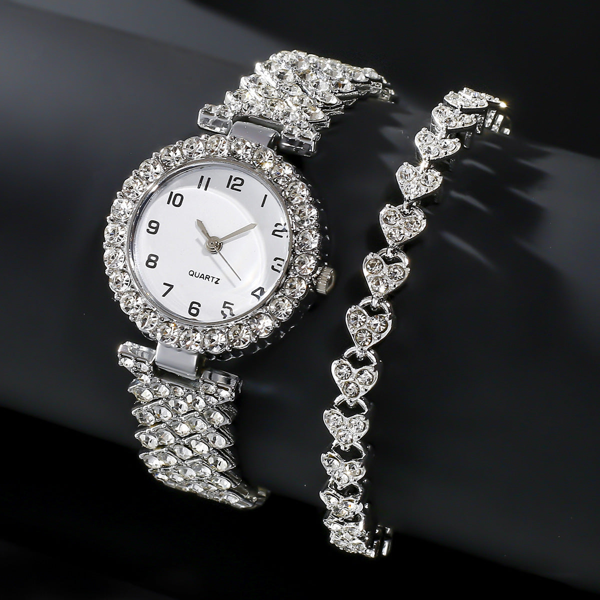 Women’s 2pcs Luxury Fashion Watch Set Silver Strap Ladies Quartz Wristwatch Alloy Bracelet