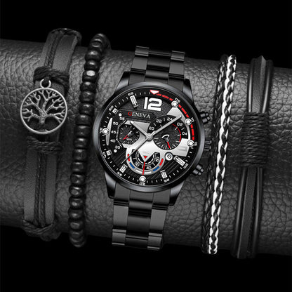 2pcs Men's Steel Strip, Three Eye Quartz Watch and Bracelet Sets